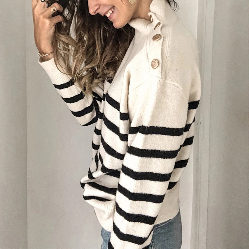 Damen Pullover Stripedesign Rollkragen Knopfdetails Eveloria