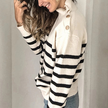 Damen Pullover Stripedesign Rollkragen Knopfdetails Eveloria