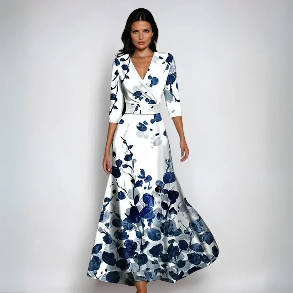 Damen Blumenmuster Maxikleid V-Ausschnitt