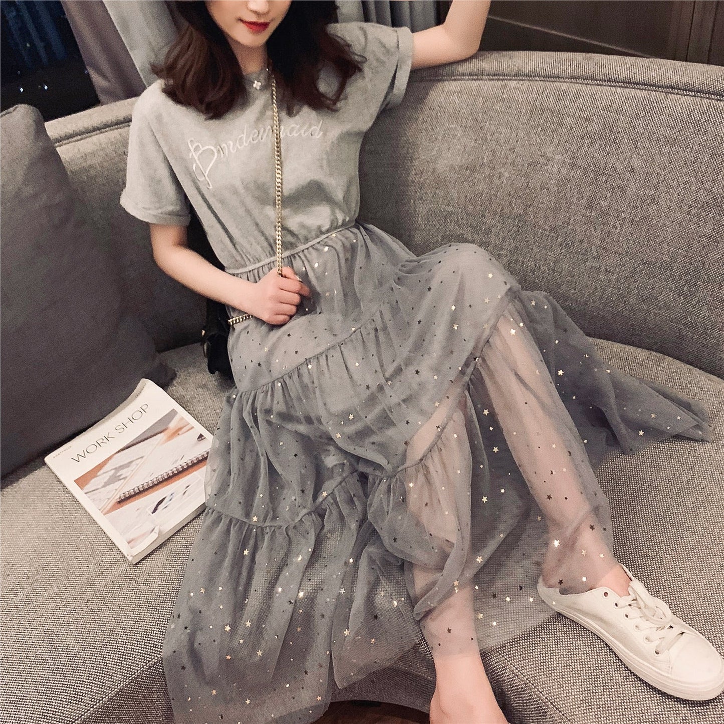 Damen Kleid mit Tüllschichten und Gummizug Lang Eveloria