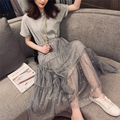 Damen Kleid mit Tüllschichten und Gummizug Lang Eveloria