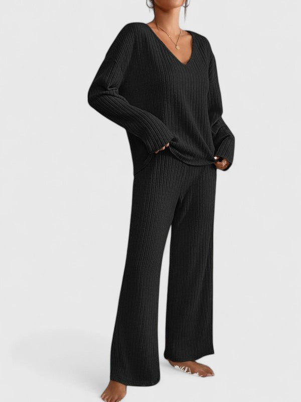 Damen Lounge-Set Rippstrick Weite Hose