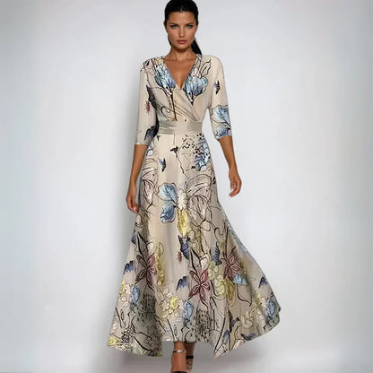 Damen Blumenmuster Maxikleid V-Ausschnitt