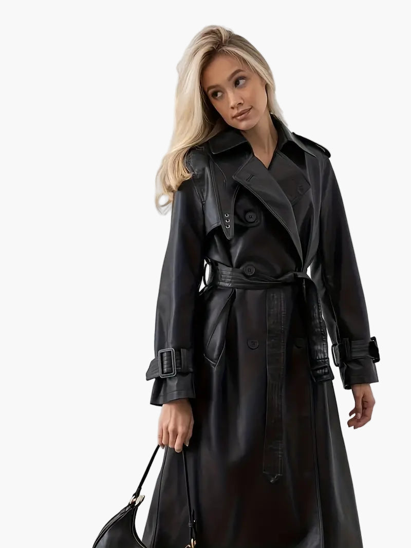 Damen Trenchcoat Lang Gürtetragend Kunstleder - Eveloria