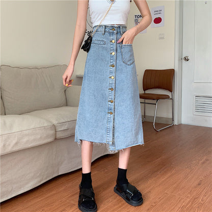 Damen Denimrock Lang Knöpfe Fransen Blau Eveloria