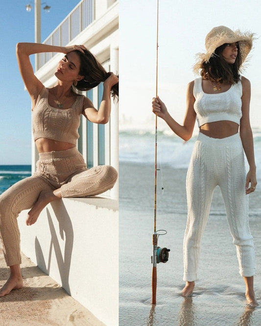 Damen Set Cropped und Leggings Strickmuster Schwarz Eveloria - Eveloria