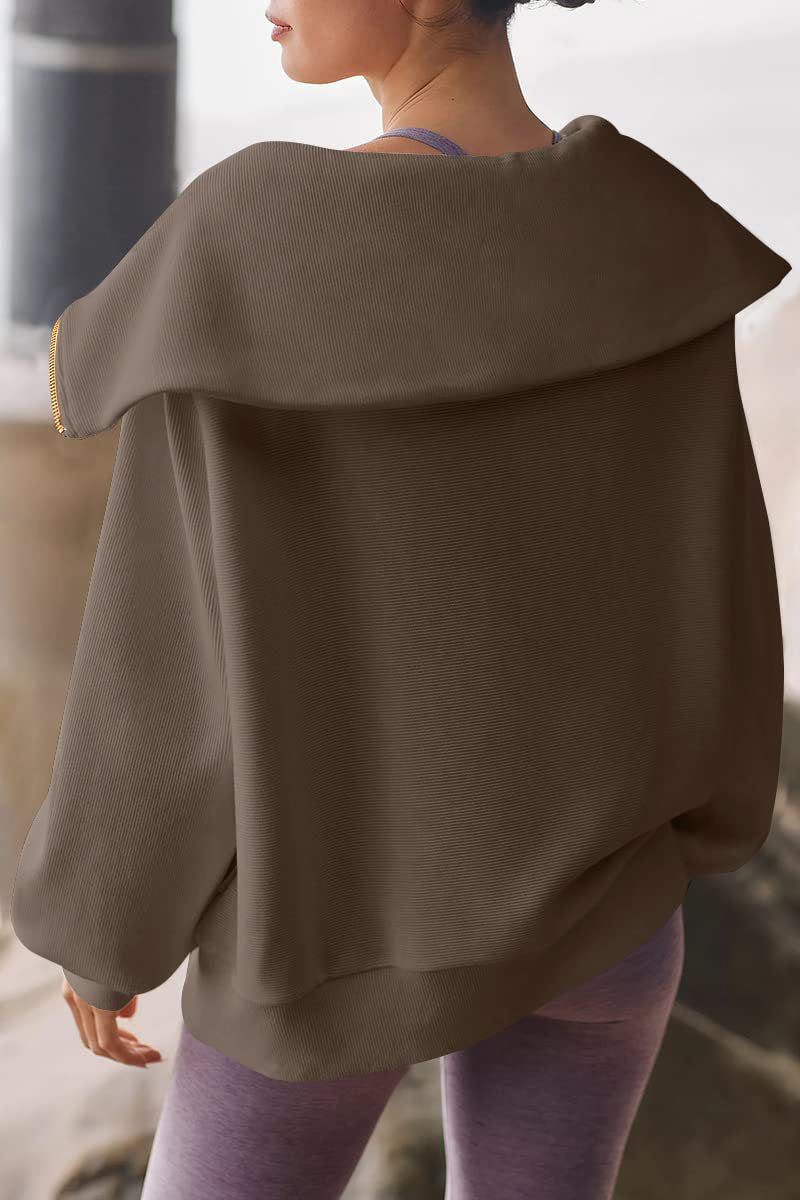 Eveloria Damen Pullover Umlegekragen Halbzipper Beige