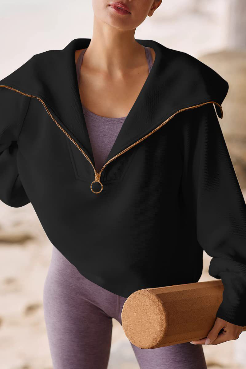 Eveloria Damen Pullover Umlegekragen Halbzipper Beige
