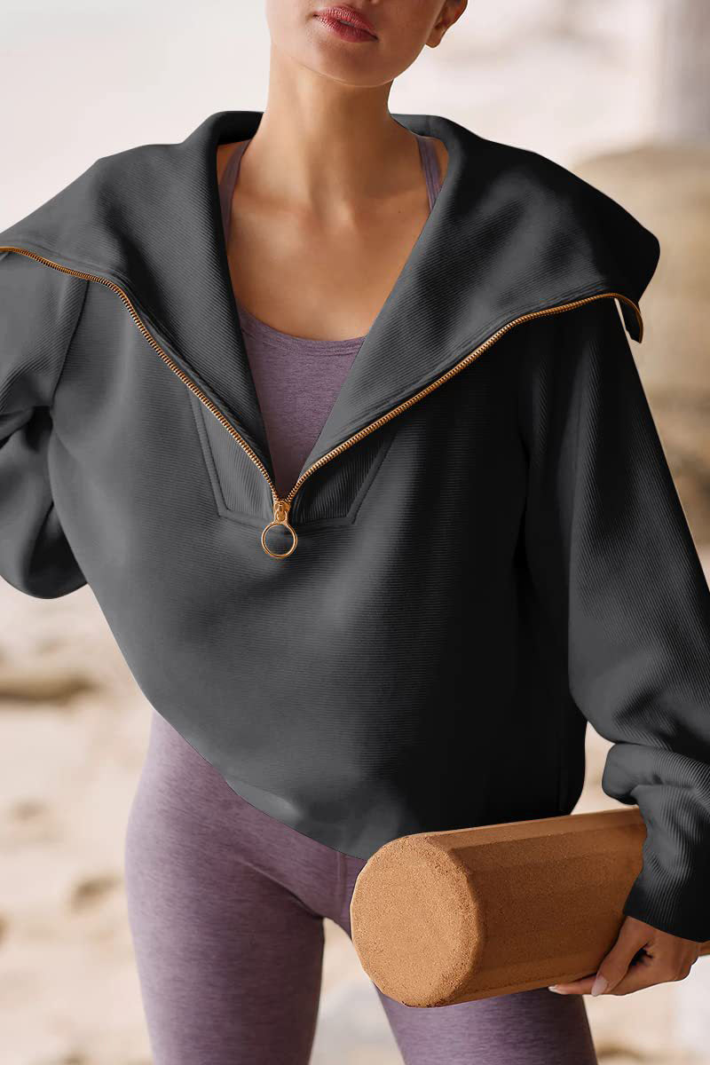 Eveloria Damen Pullover Umlegekragen Halbzipper Beige