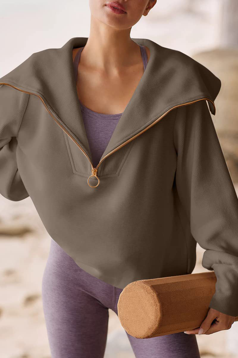 Eveloria Damen Pullover Umlegekragen Halbzipper Beige