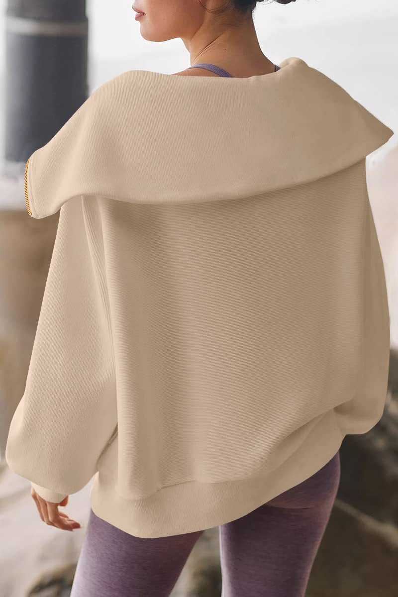 Eveloria Damen Pullover Umlegekragen Halbzipper Beige
