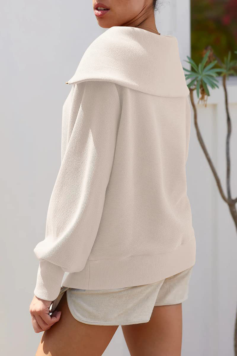 Eveloria Damen Pullover Umlegekragen Halbzipper Beige - Eveloria