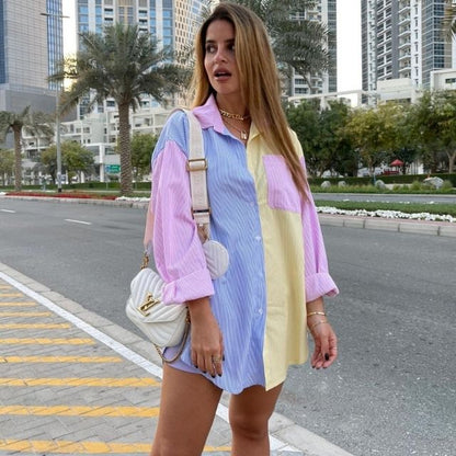 Damen Oversize Bluse Mehrfarbig Streifen Reverskragen Baumwolle