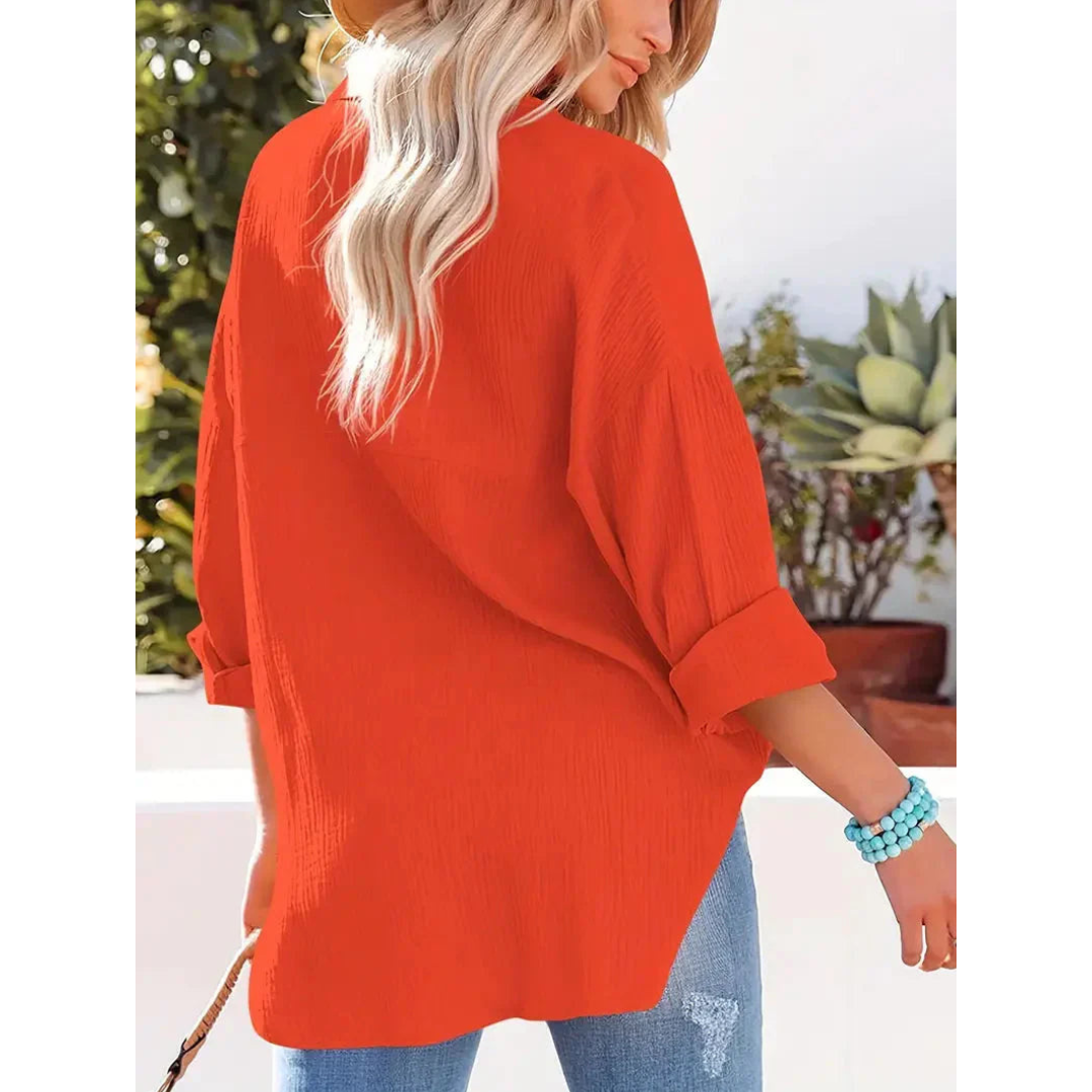 Damen Bluse Unifarbe Knopfleiste Hemdkragen Elegante Langarmbluse