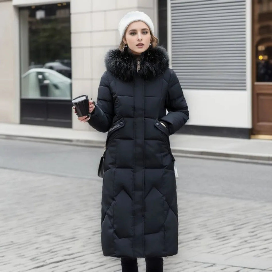Damen Winterjacke mit Kapuze und Fellbesatz Lang