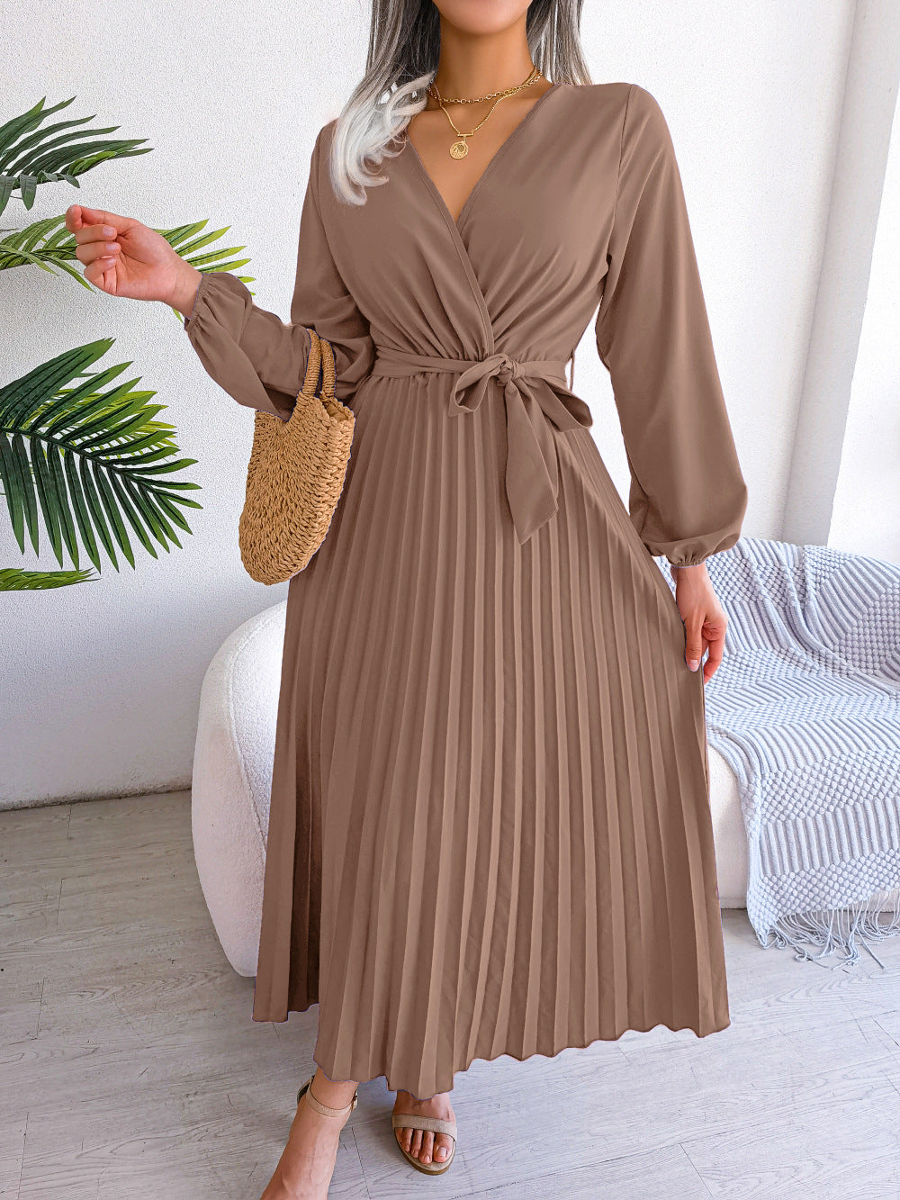 Damen Maxikleid Elegantes Faltenkleid mit Taillengürtel
