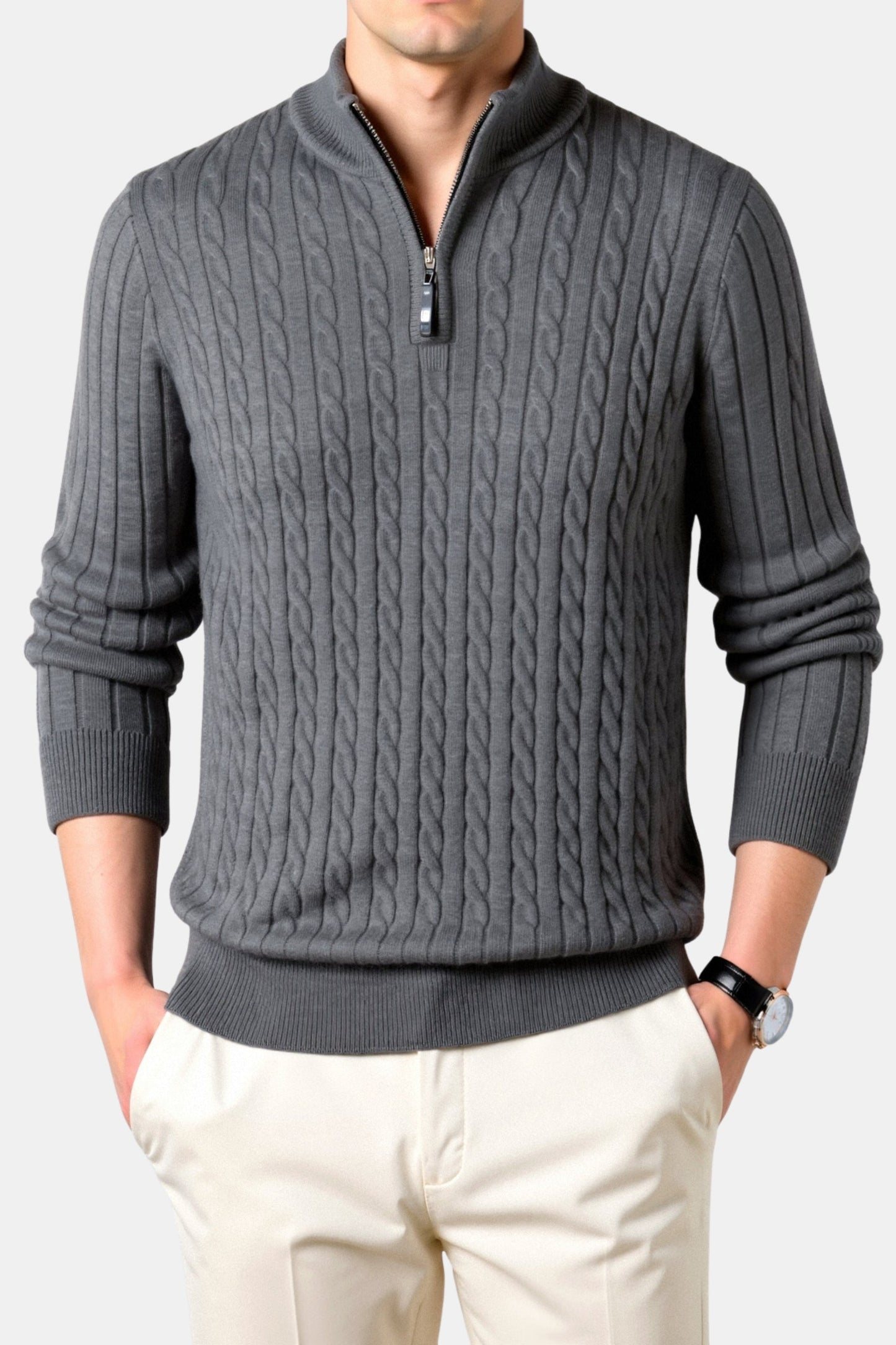 Eleganter Damen Zopfstrick Pullover Mit Reißverschluss