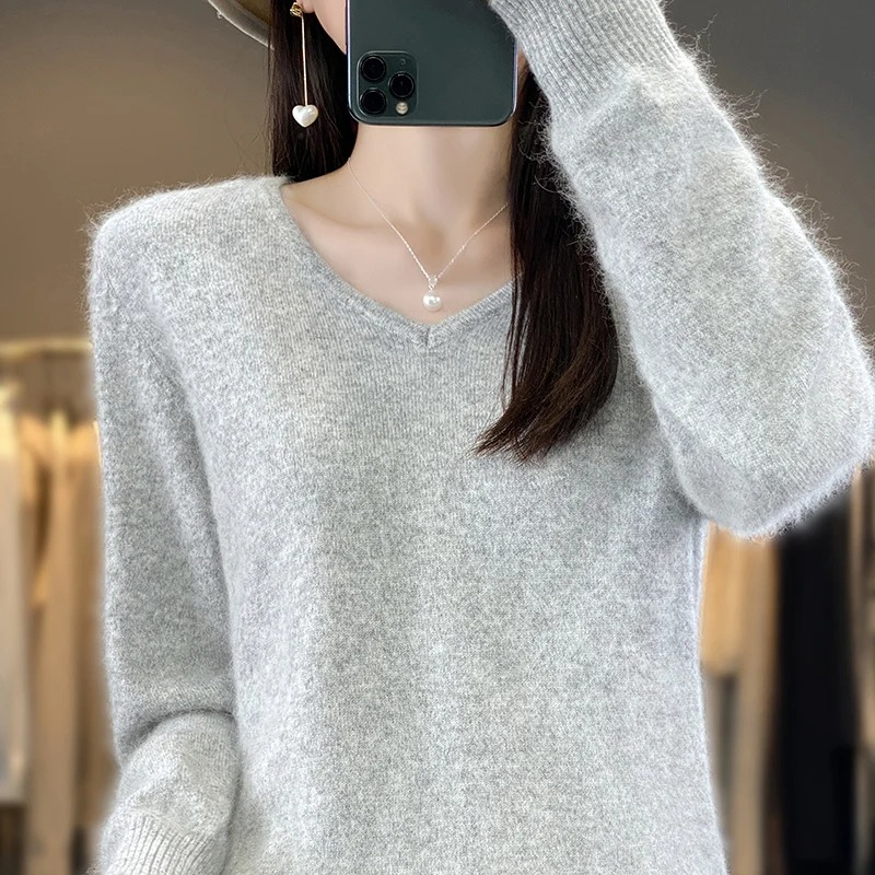 Damen Pullover V-Ausschnitt Leichter Weicher Strick