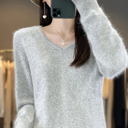 Damen Pullover V-Ausschnitt Leichter Weicher Strick