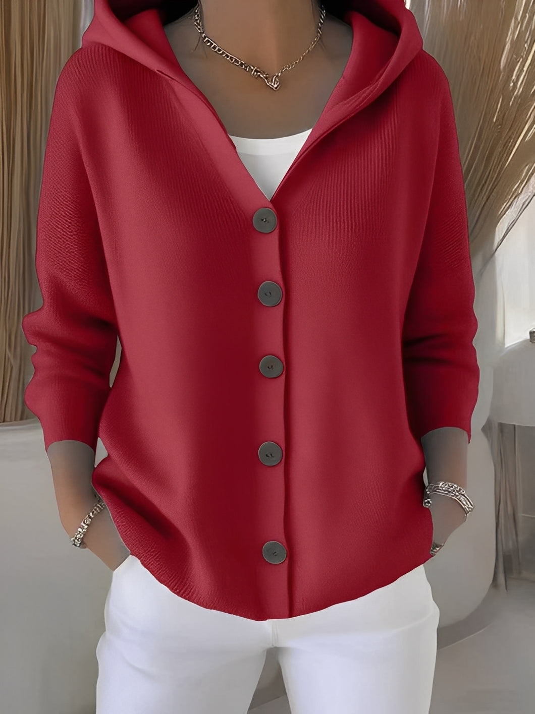 Damen Strickjacke mit Kapuze Komfortable Verarbeitung Beige