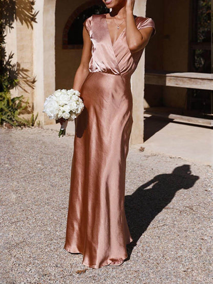 Eveloria Damen Maxikleid Satin Fishtail V-Ausschnitt