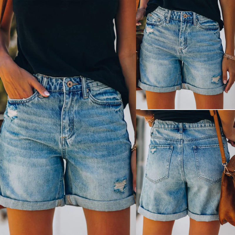 Damen Vintage Denim Shorts Hochgeschnitten Blau