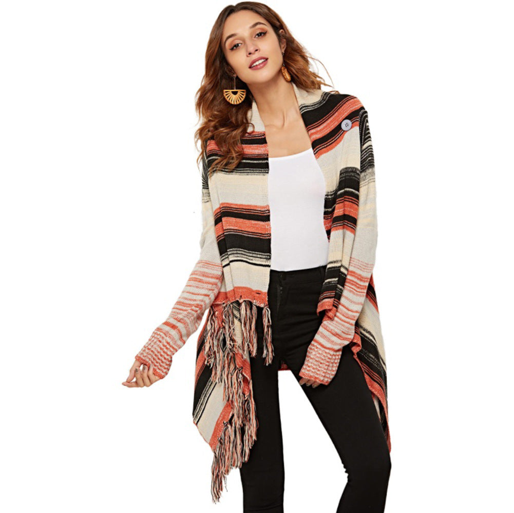 Damen Strickjacke mit Fransen und Streifenmuster