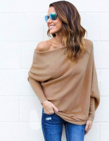 Eveloria Damen Off-Shoulder Pullover Gerippter Strick Oversized