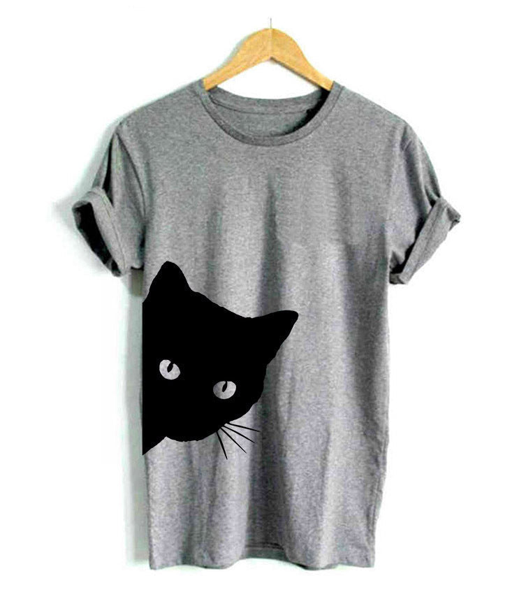 Damen T-Shirt Katzenmotiv Locker Passform Weiß - Eveloria