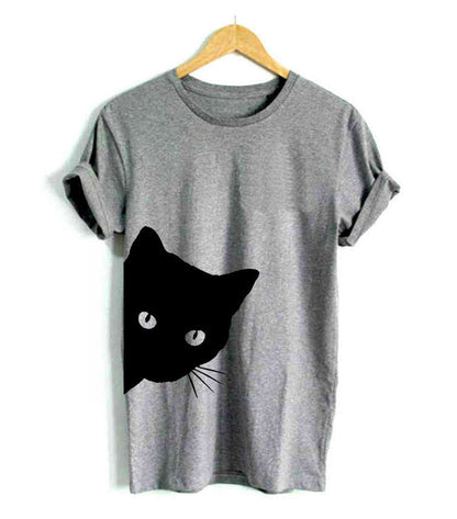 Damen T-Shirt Katzenmotiv Locker Passform Weiß - Eveloria
