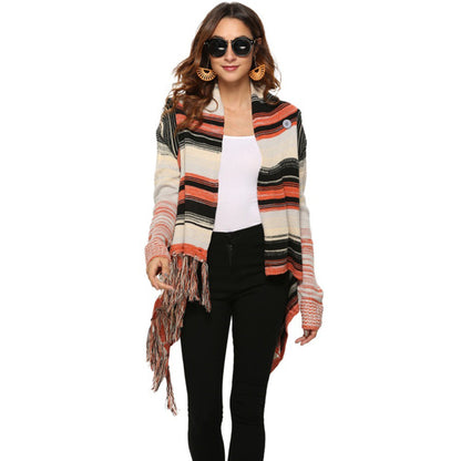 Damen Strickjacke mit Fransen und Streifenmuster