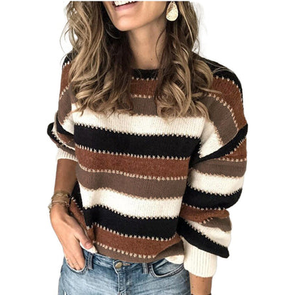 Damen Pullover Streifenlook Voluminöse Ärmel Grau Eveloria