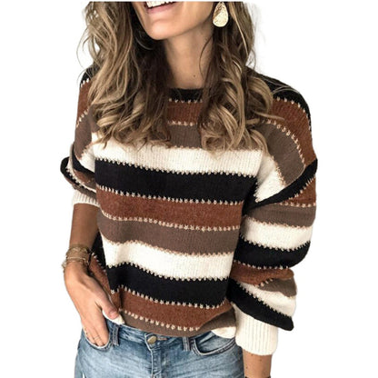 Damen Pullover Streifenlook Voluminöse Ärmel Grau Eveloria - Eveloria