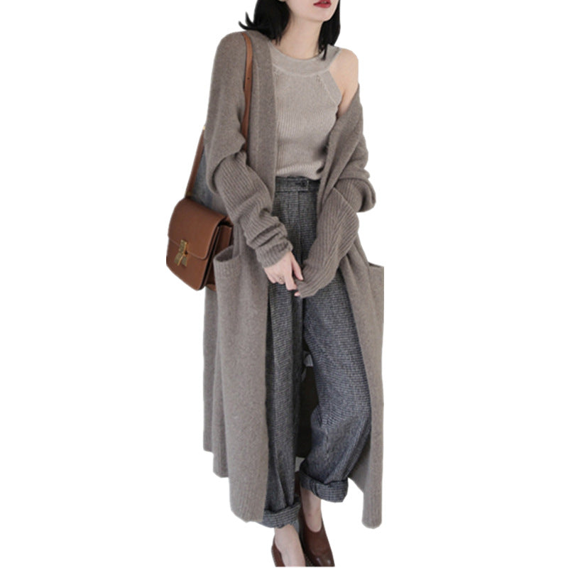 Damen Strickcardigan Lang Weich Mit Taschen Anthrazit