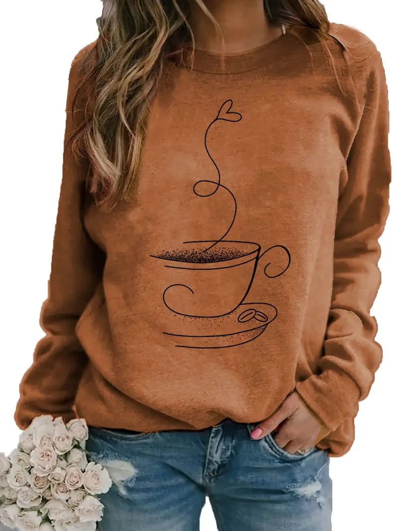 Eveloria Damen Sweatshirt Kaffee Grafik Baumwolle Beige - Eveloria