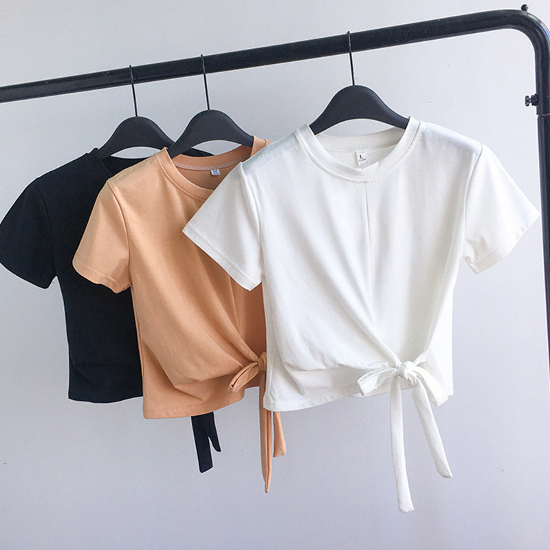Damen Cropped T-Shirt Lässiger Schnitt Seitlicher Knoten - Eveloria