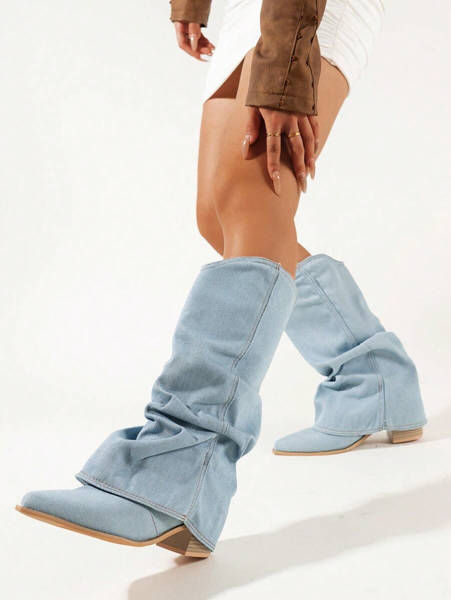 Damen Westernstiefel Hochabsatz Spitz Zulauf Leder