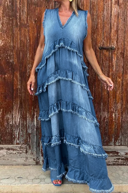 Ärmelloses Denim-Kleid V-Ausschnitt Rüsche Zerrissenes Design Blau