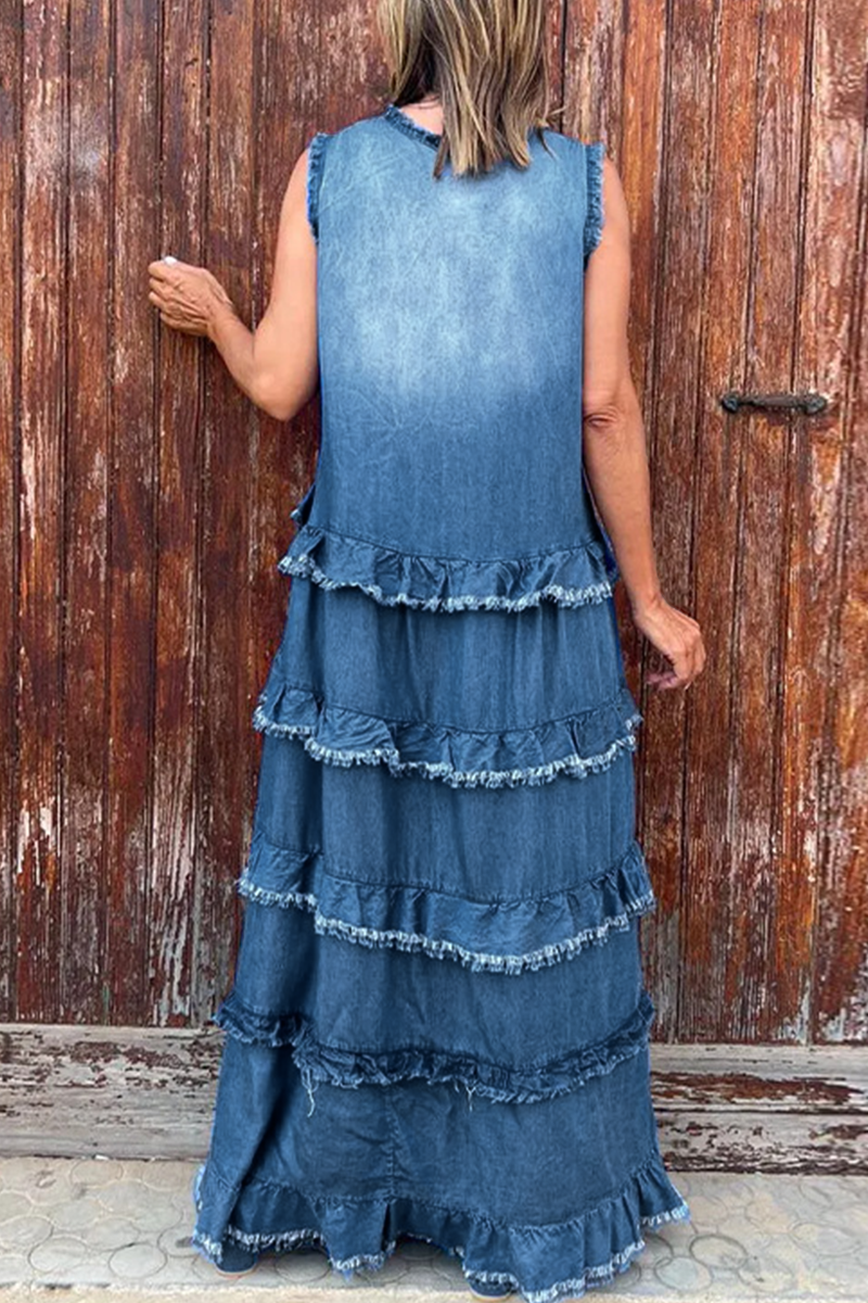 Ärmelloses Denim-Kleid V-Ausschnitt Rüsche Zerrissenes Design Blau - Eveloria