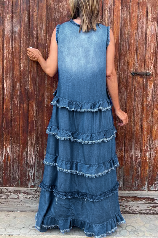 Ärmelloses Denim-Kleid V-Ausschnitt Rüsche Zerrissenes Design Blau - Eveloria