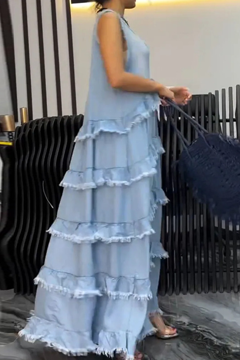 Ärmelloses Denim-Kleid V-Ausschnitt Rüsche Zerrissenes Design Blau