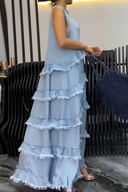 Ärmelloses Denim-Kleid V-Ausschnitt Rüsche Zerrissenes Design Blau
