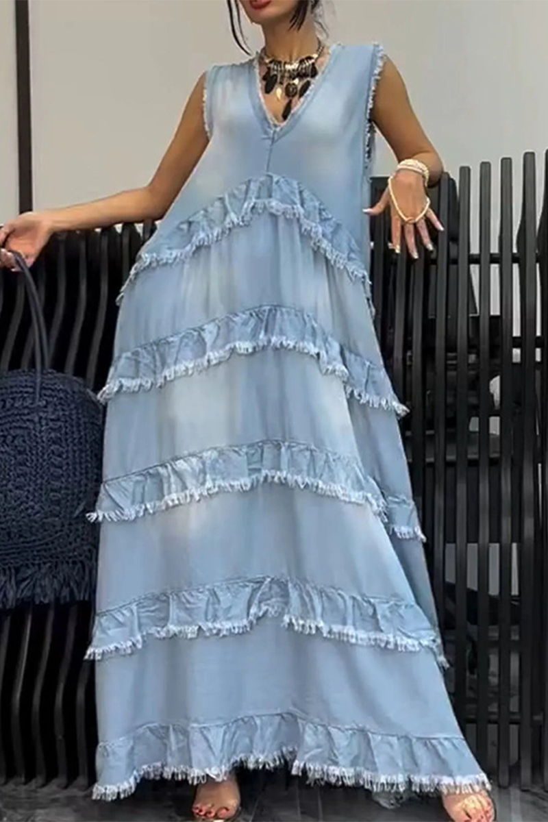 Ärmelloses Denim-Kleid V-Ausschnitt Rüsche Zerrissenes Design Blau