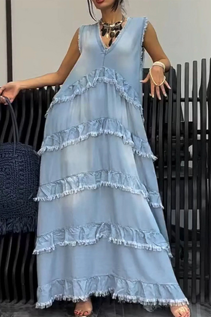 Ärmelloses Denim-Kleid V-Ausschnitt Rüsche Zerrissenes Design Blau