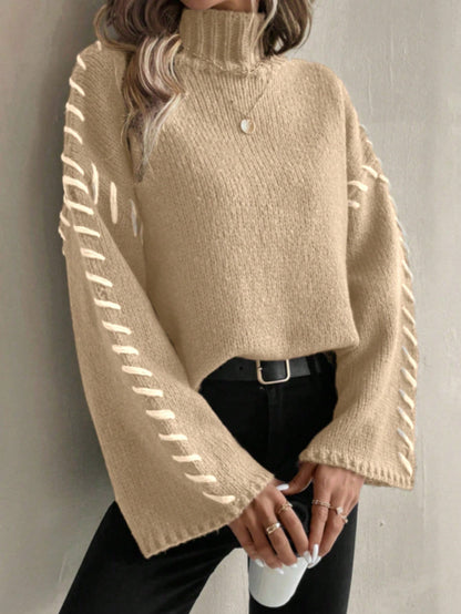 Eveloria Damen Strickpullover Patchwork Rollkragen Bunt