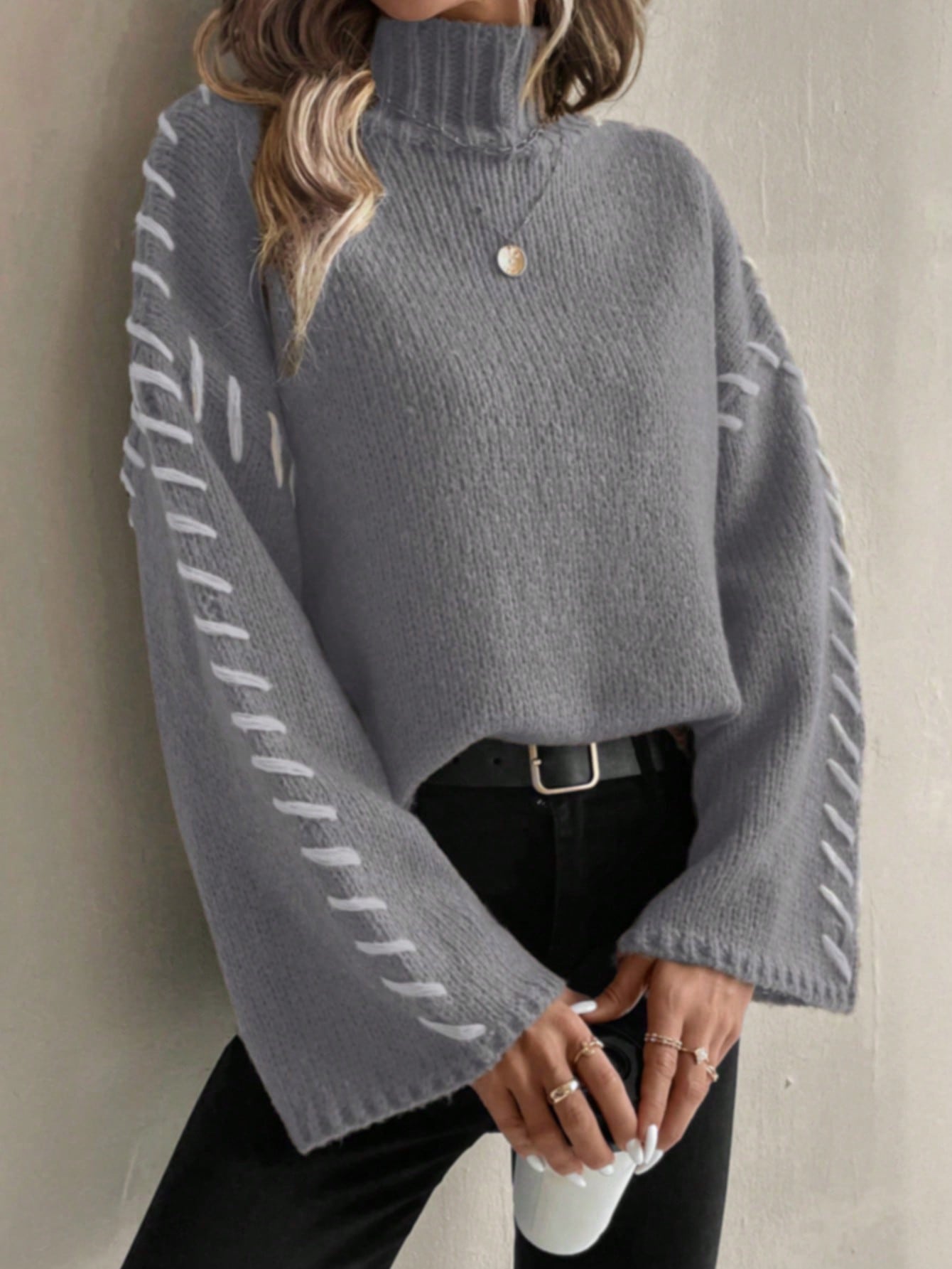 Eveloria Damen Strickpullover Patchwork Rollkragen Bunt