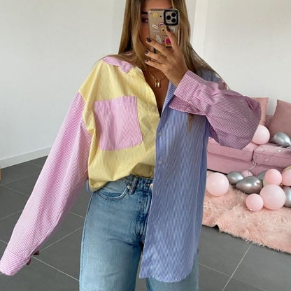 Damen Oversize Bluse Mehrfarbig Streifen Reverskragen Baumwolle