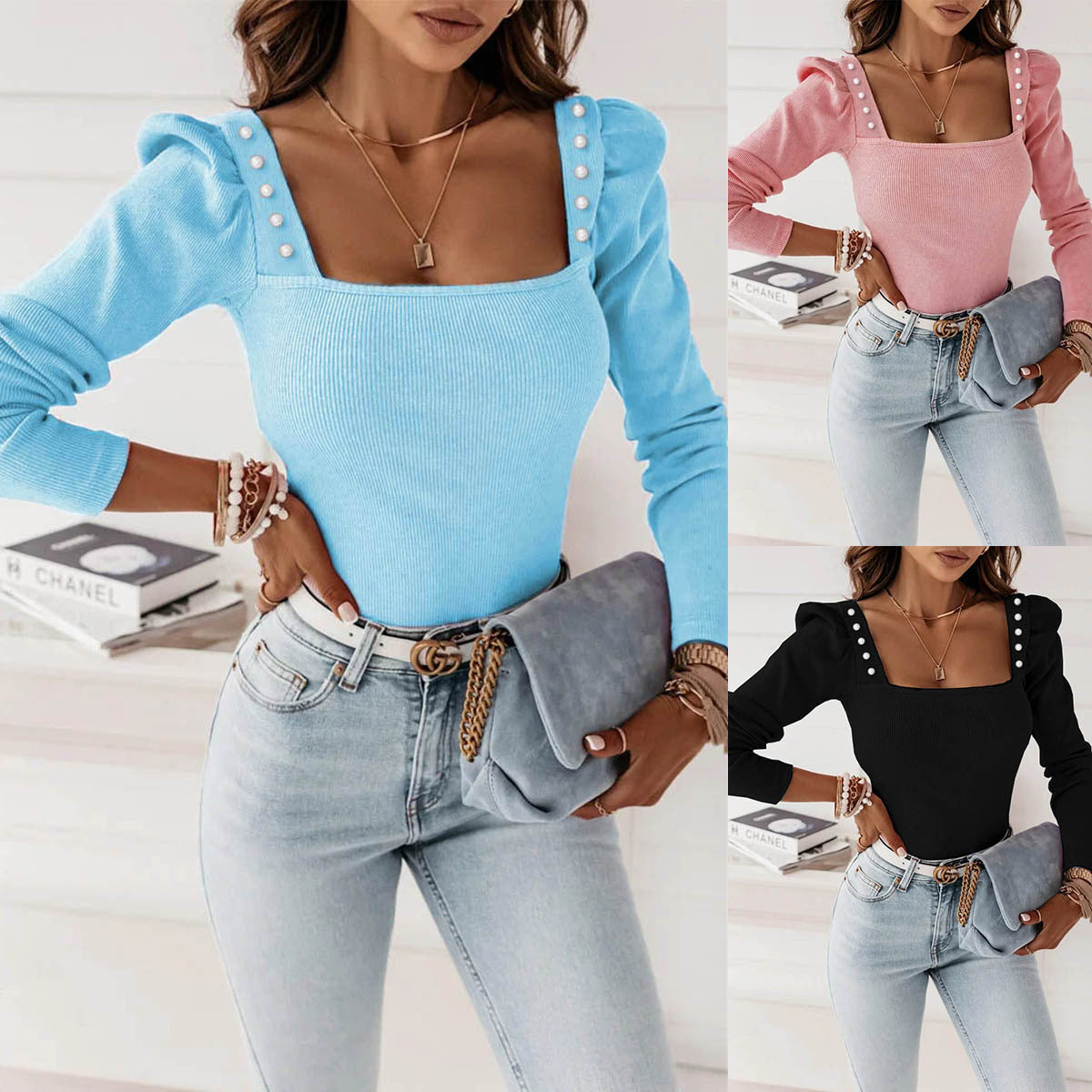 Damen Elegantes Oberteil mit Eckenausschnitt und Zierknöpfen