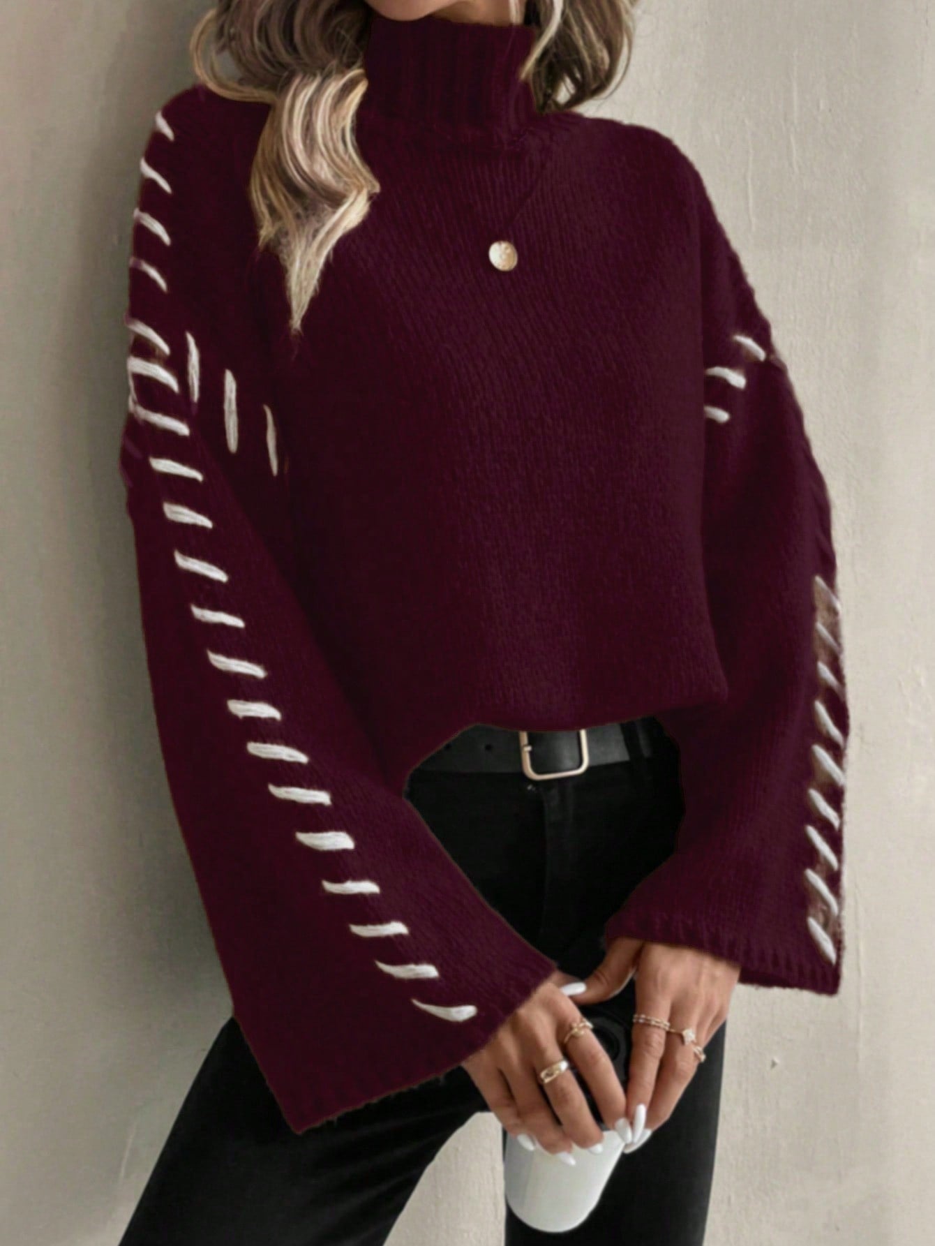 Eveloria Damen Strickpullover Patchwork Rollkragen Bunt