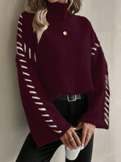 Eveloria Damen Strickpullover Patchwork Rollkragen Bunt